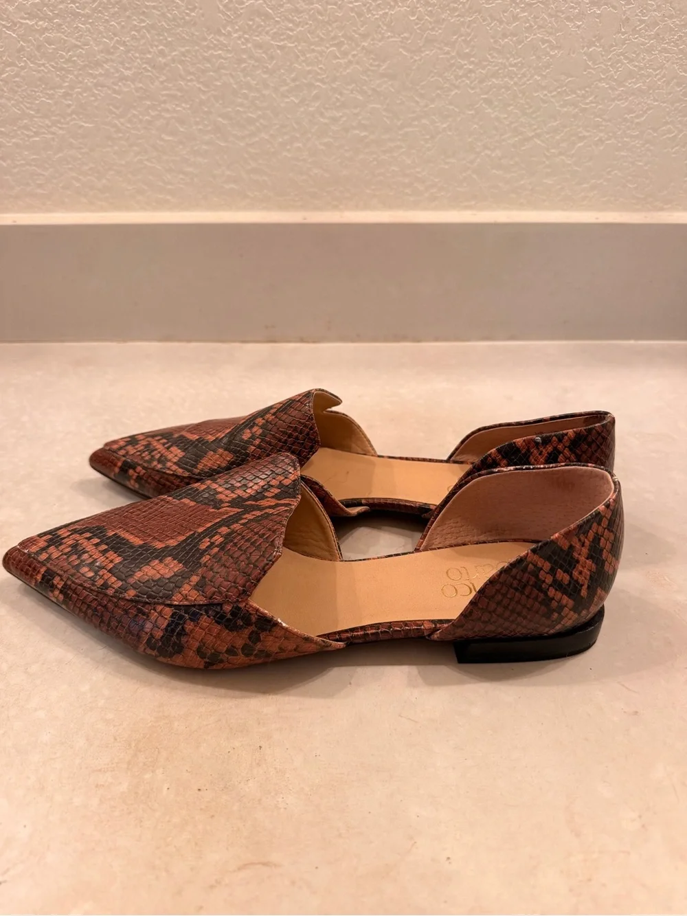 Franco Sarto Pointed D'Orsay Flats in Brown Snake Print